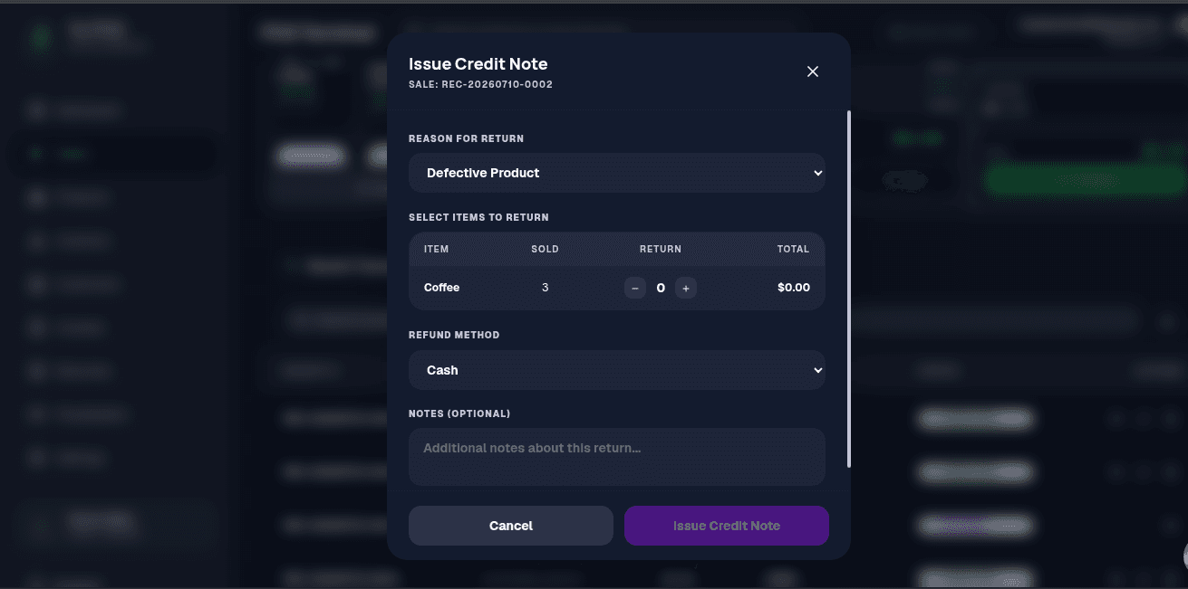 Yo POS credit notes and returns interface