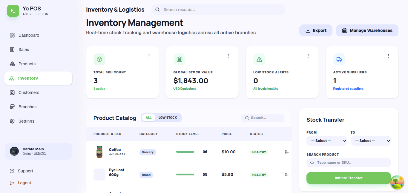 Yo POS inventory management showing stock levels, low-stock alerts and stock transfers