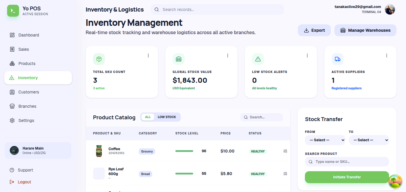 Yo POS inventory overview showing multi-branch stock management