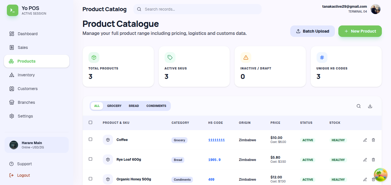 Yo POS product catalog and sales interface